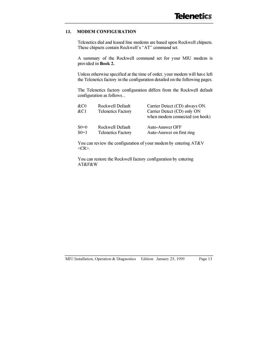 Telenetics 14.4, 2.4, 28.8, 9.6 manual Modem Configuration 