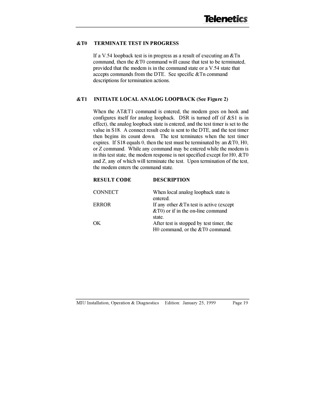 Telenetics 28.8, 2.4 T0 Terminate Test in Progress, T1 Initiate Local Analog Loopback See Figure, Result Code Description 