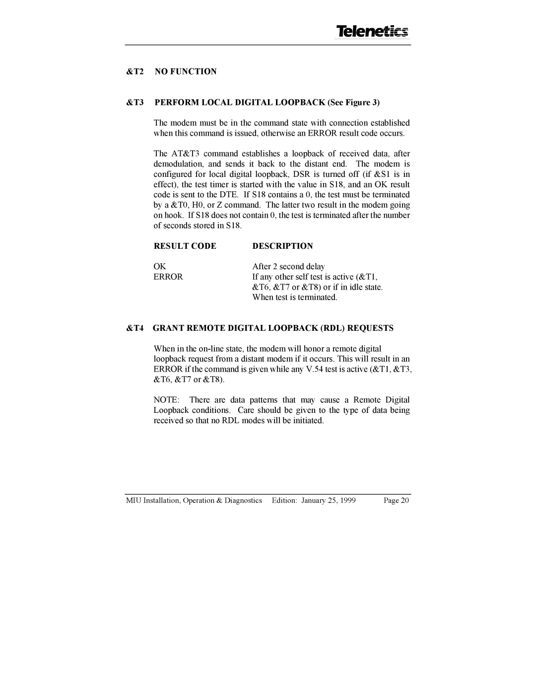 Telenetics 9.6, 2.4 No Function, Perform Local Digital Loopback See Figure, Grant Remote Digital Loopback RDL Requests 