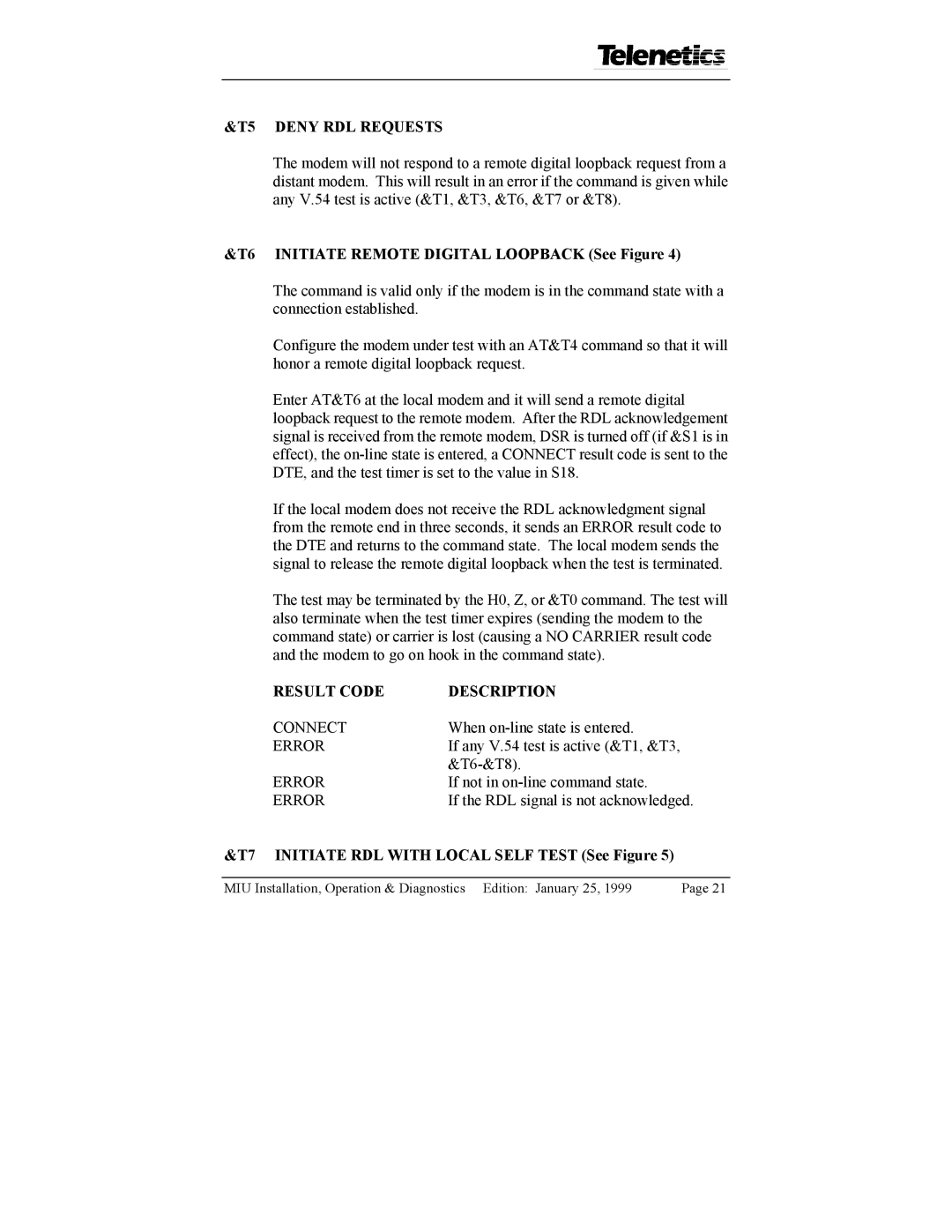 Telenetics 14.4, 2.4, 28.8, 9.6 manual T5 Deny RDL Requests, T6 Initiate Remote Digital Loopback See Figure 