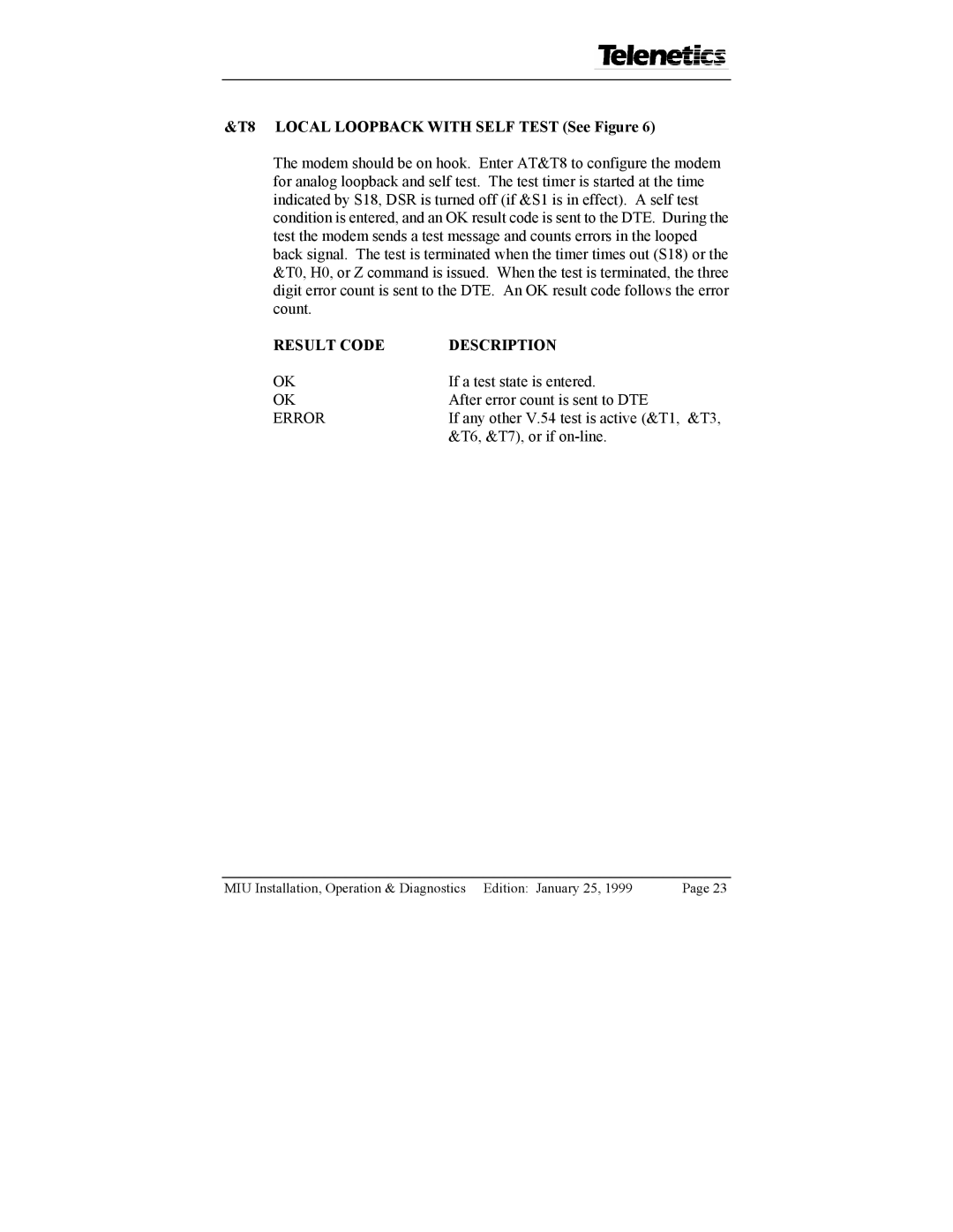 Telenetics 28.8, 2.4, 9.6, 14.4 manual T8 Local Loopback with Self Test See Figure, T6, &T7, or if on-line 