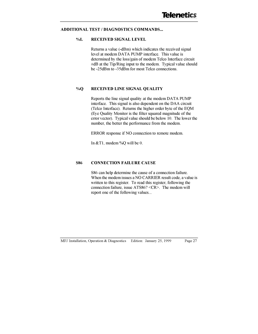 Telenetics 28.8, 2.4, 9.6, 14.4 manual Received Line Signal Quality, S86 Connection Failure Cause 