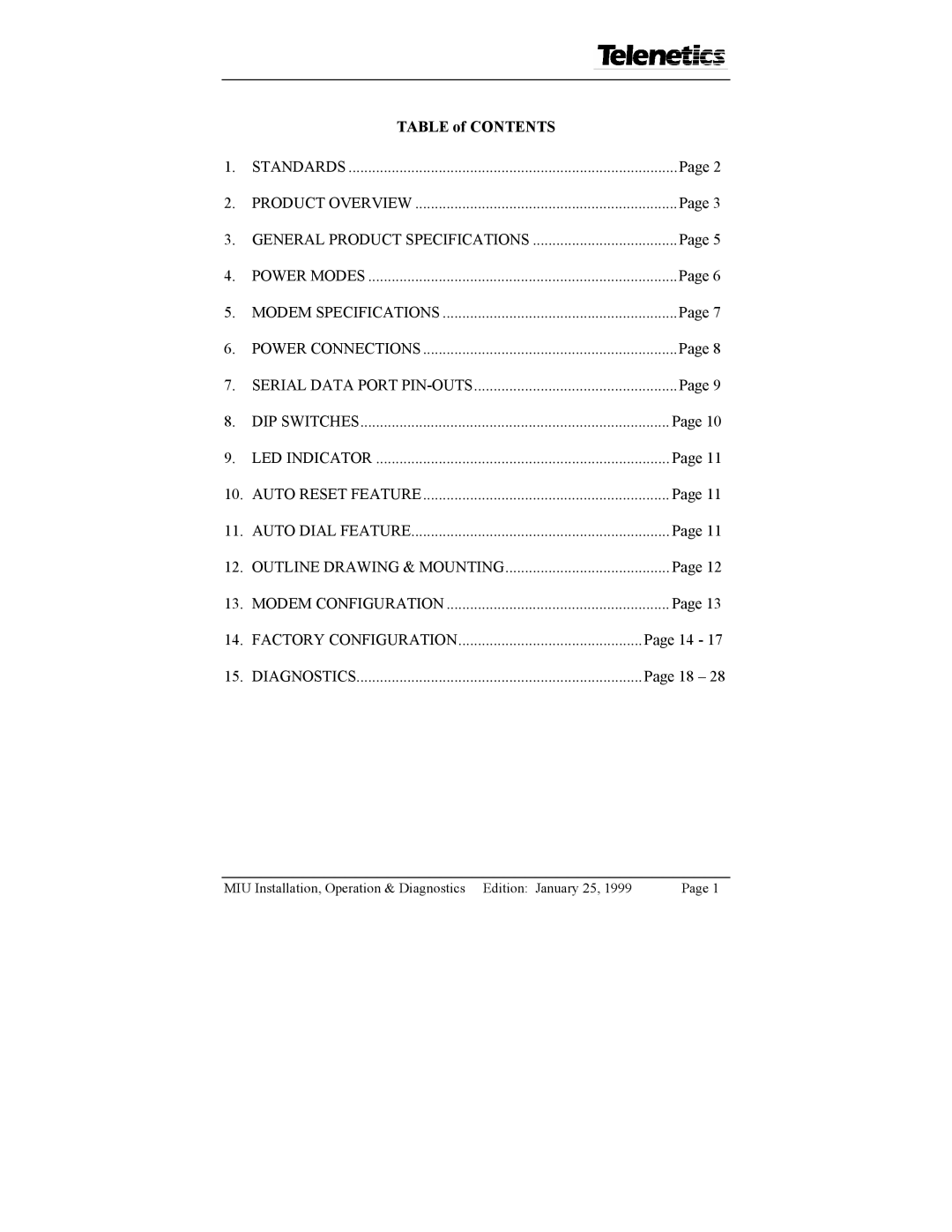 Telenetics 14.4, 2.4, 28.8, 9.6 manual Table of Contents 