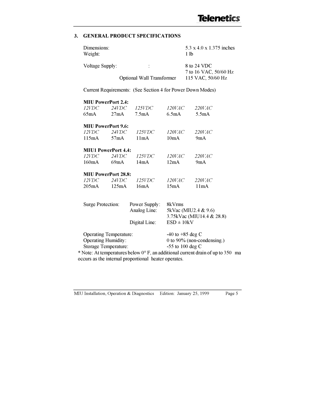 Telenetics 14.4, 2.4, 28.8, 9.6 manual General Product Specifications, Vdc 