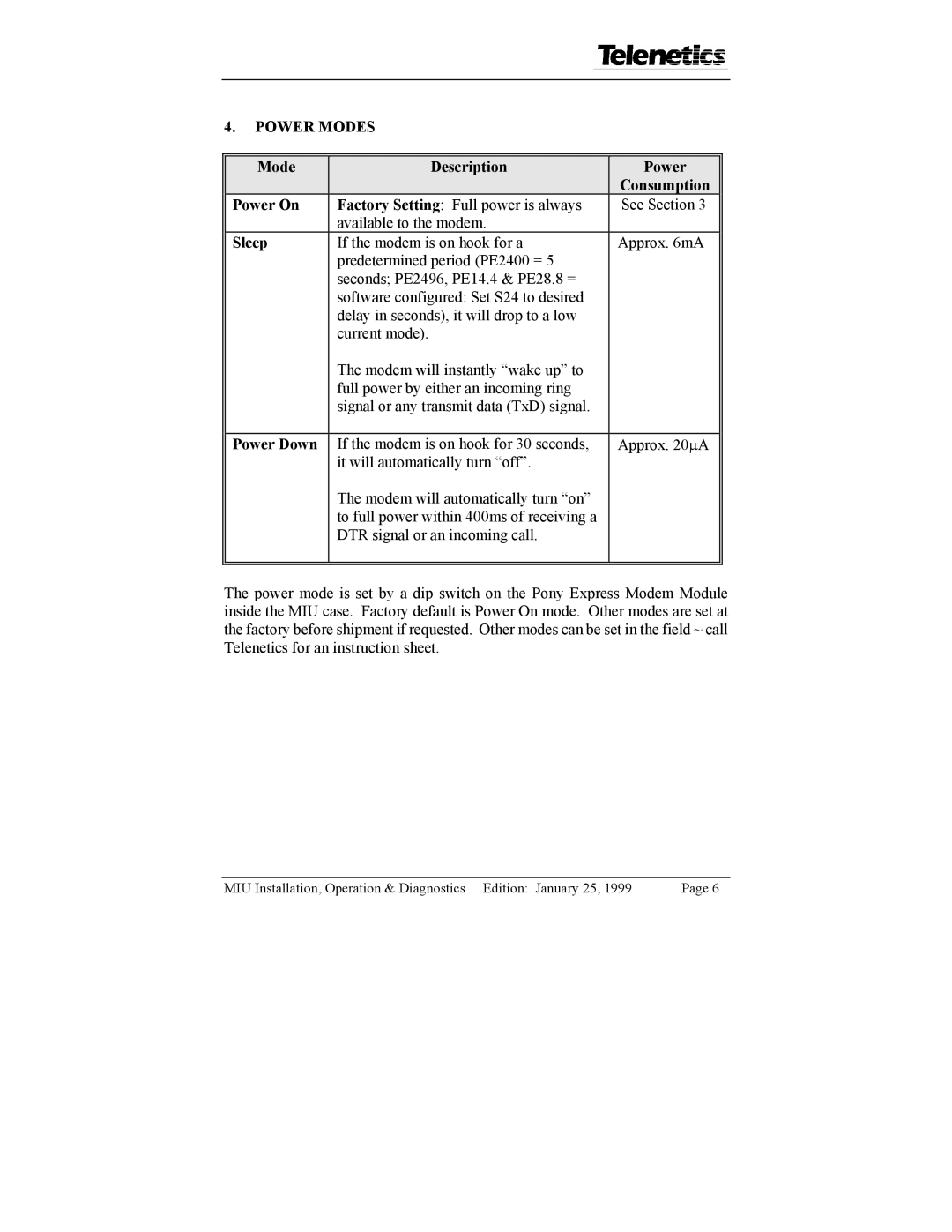 Telenetics 2.4, 28.8, 9.6, 14.4 manual Power Modes, Mode Description Power Consumption Power On, Sleep, Power Down 