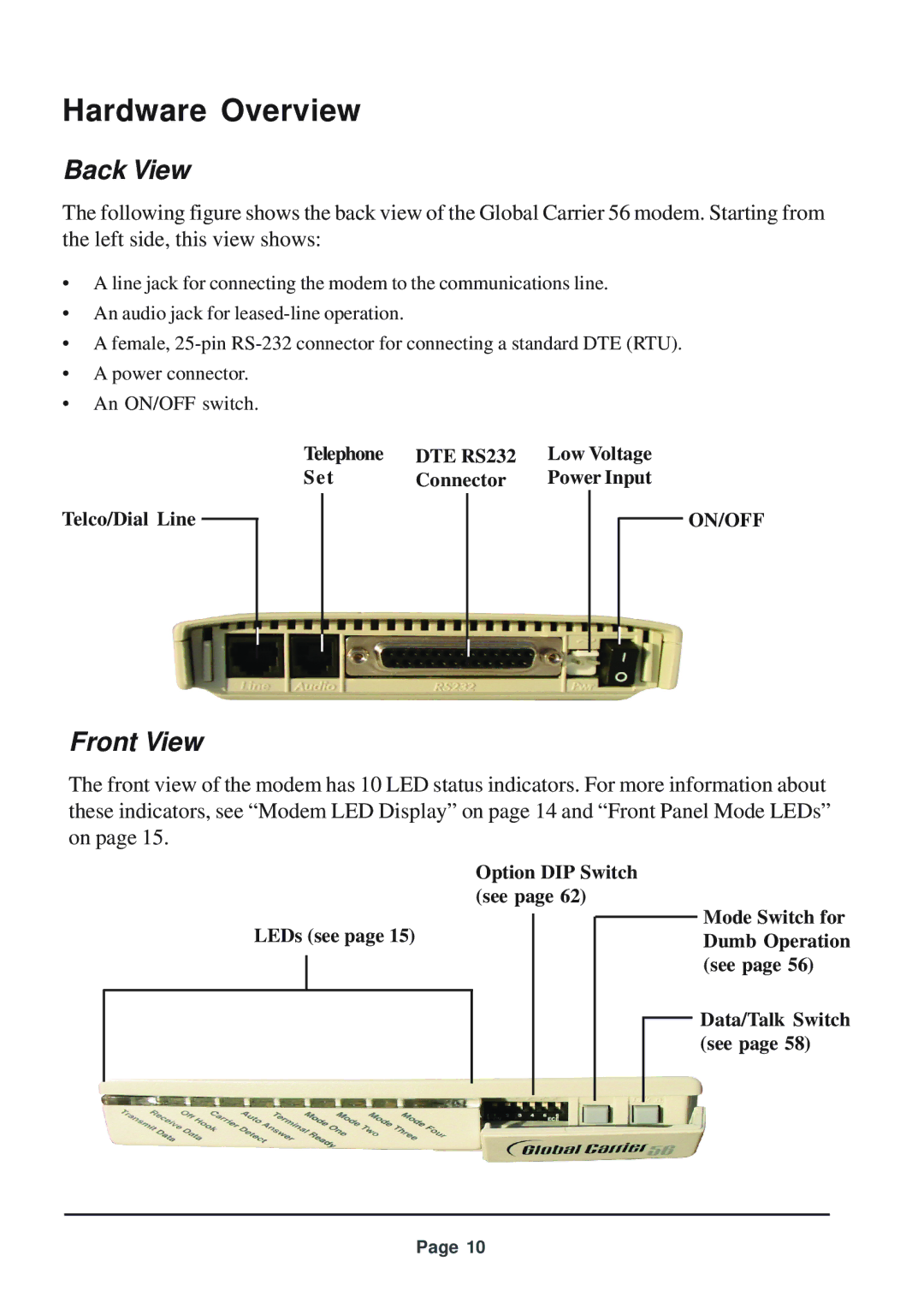 Telenetics 56 manual Hardware Overview, Back View, Front View, DTE RS232, On/Off 