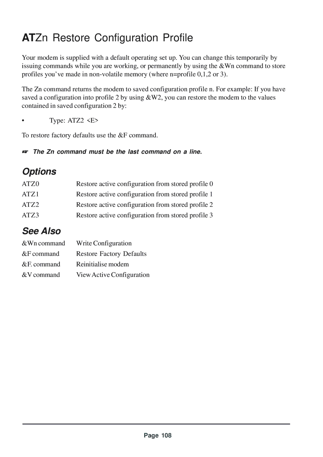 Telenetics 56 manual ATZn Restore Configuration Profile, ATZ0, ATZ1, ATZ2, ATZ3 