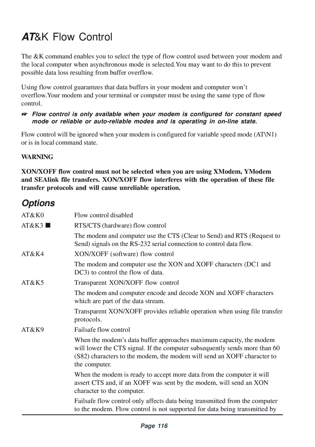 Telenetics 56 manual AT&K Flow Control, AT&K0, AT&K4, AT&K5, AT&K9 