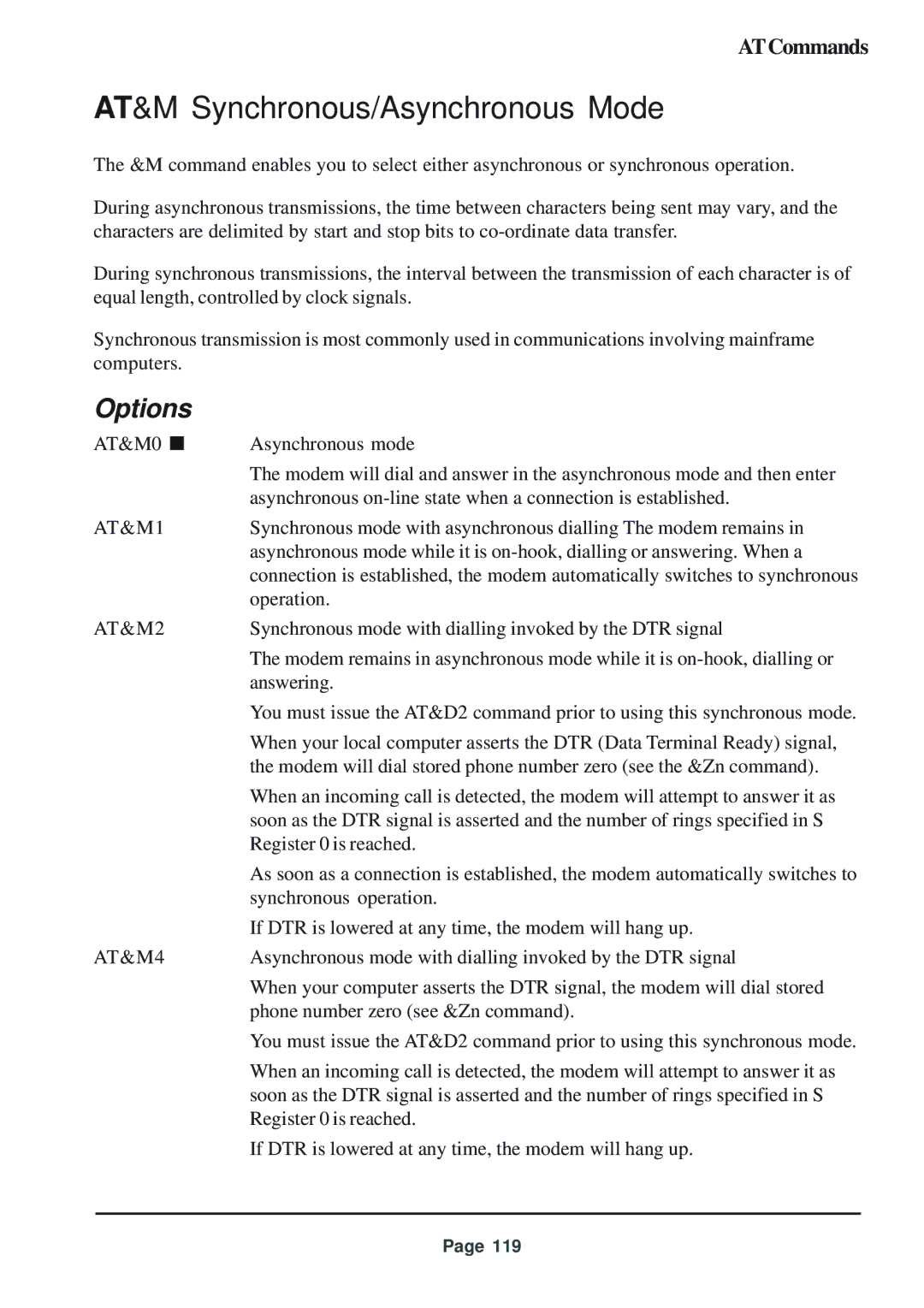 Telenetics 56 manual AT&M Synchronous/Asynchronous Mode, AT&M1, AT&M2, AT&M4 