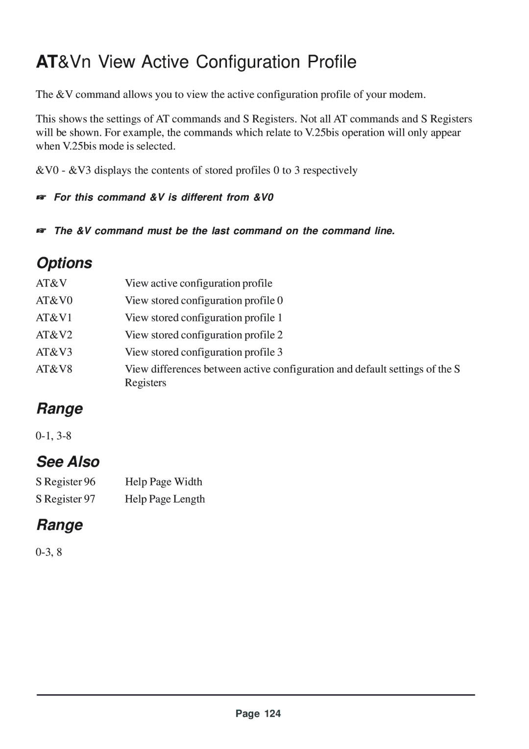 Telenetics 56 manual AT&Vn View Active Configuration Profile 