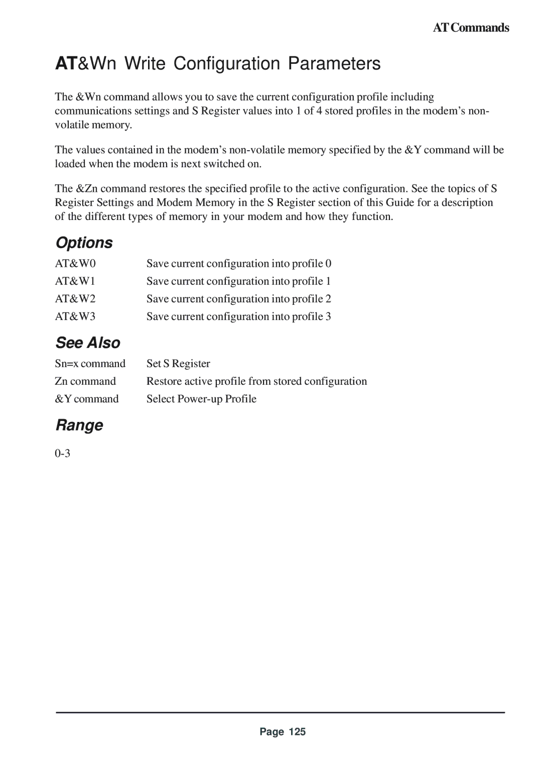 Telenetics 56 manual AT&Wn Write Configuration Parameters, AT&W0, AT&W1, AT&W2, AT&W3 