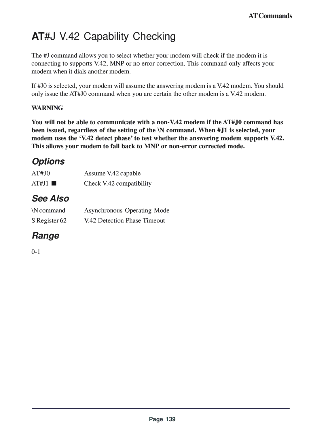 Telenetics 56 manual AT#J V.42 Capability Checking, AT#J0 