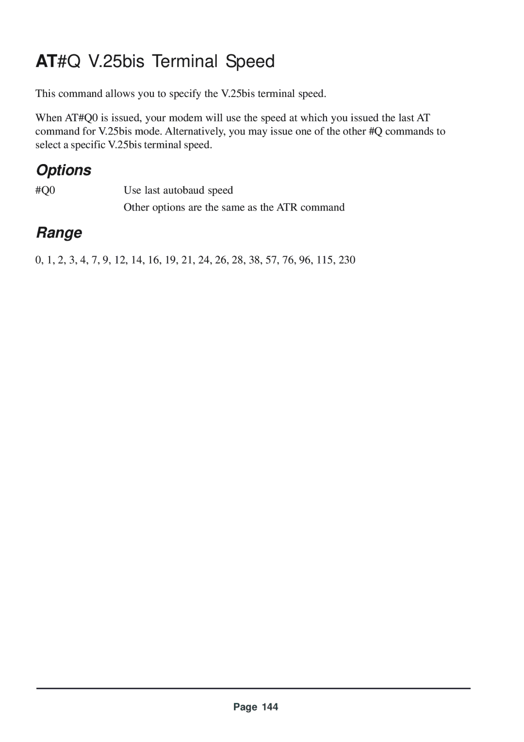 Telenetics 56 manual AT#Q V.25bis Terminal Speed 