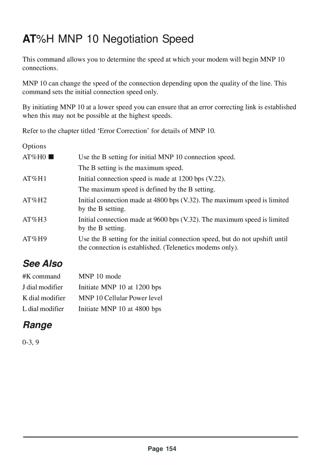 Telenetics 56 manual AT%H MNP 10 Negotiation Speed, AT%H1, AT%H2, AT%H3, AT%H9 