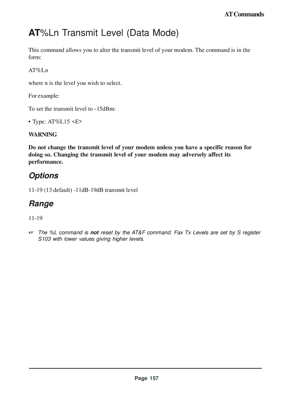 Telenetics 56 manual AT%Ln Transmit Level Data Mode, 11-19 