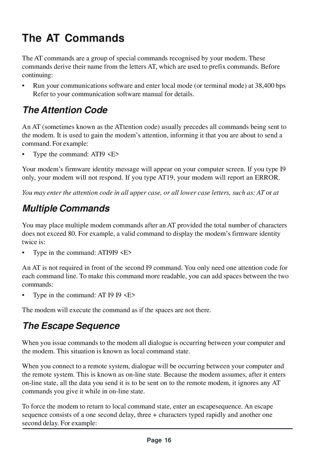 Telenetics 56 manual AT Commands, Multiple Commands, Escape Sequence 