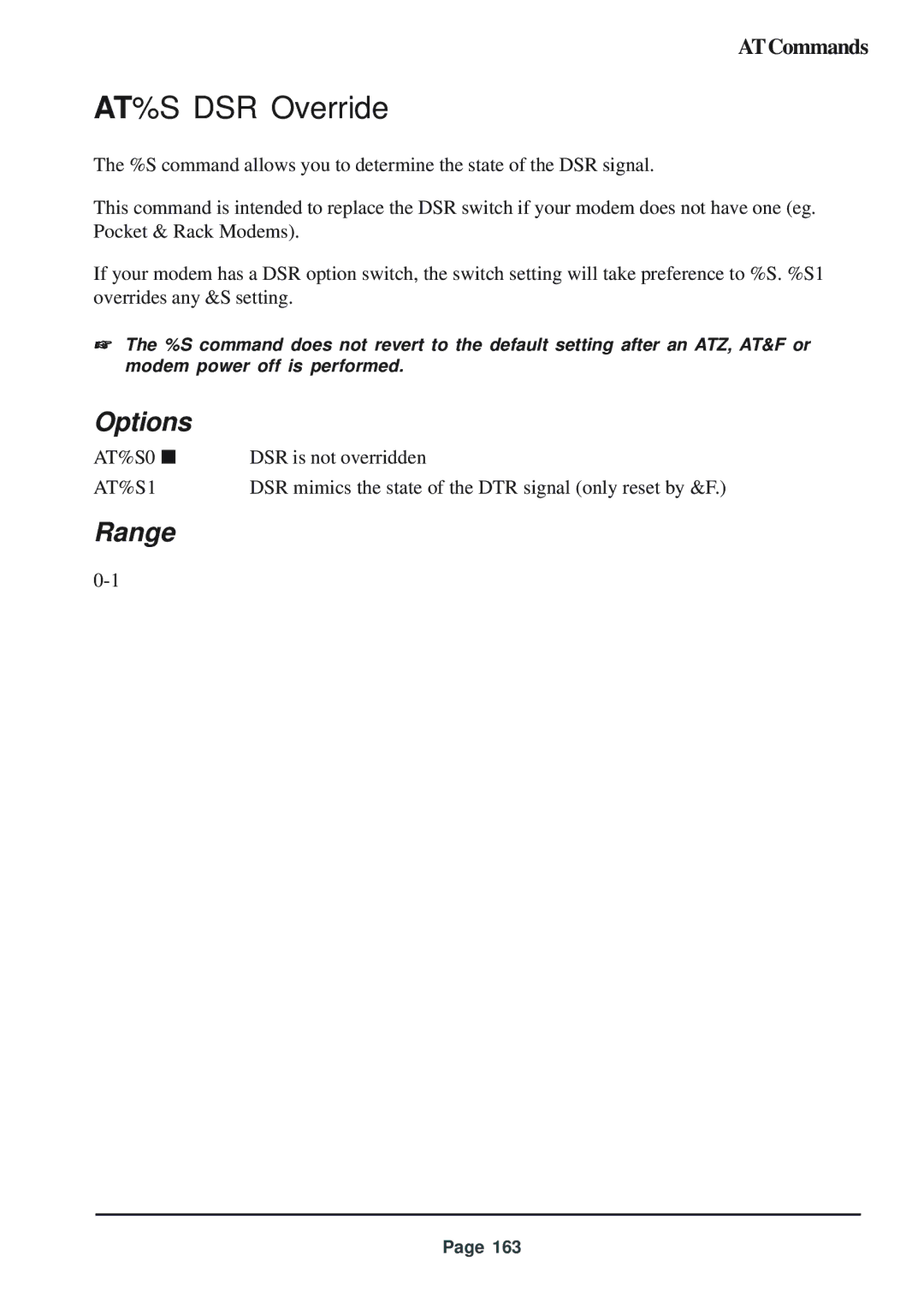 Telenetics 56 manual AT%S DSR Override, AT%S1 