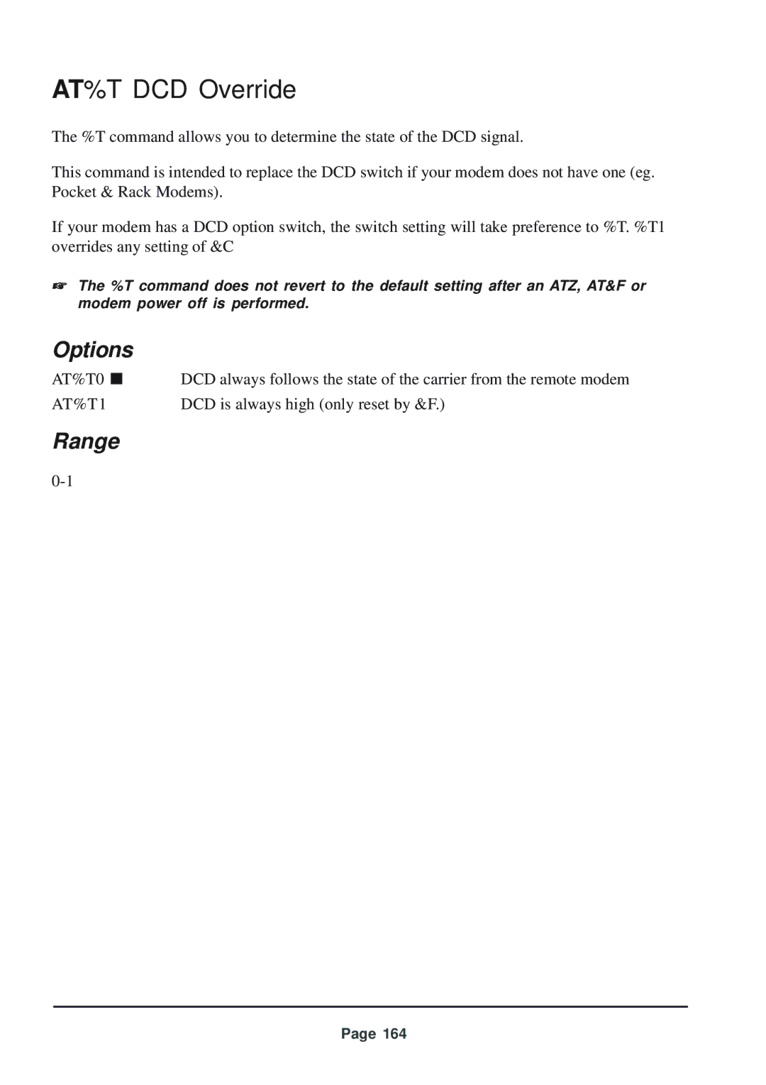 Telenetics 56 manual AT%T DCD Override, AT%T1 