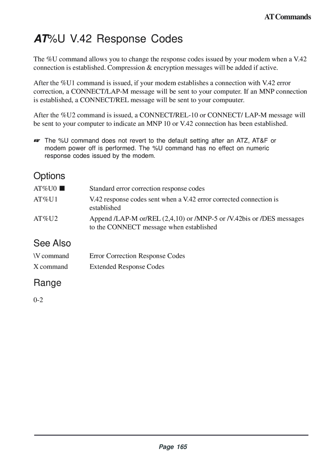 Telenetics 56 manual AT%U V.42 Response Codes, AT%U1, AT%U2 