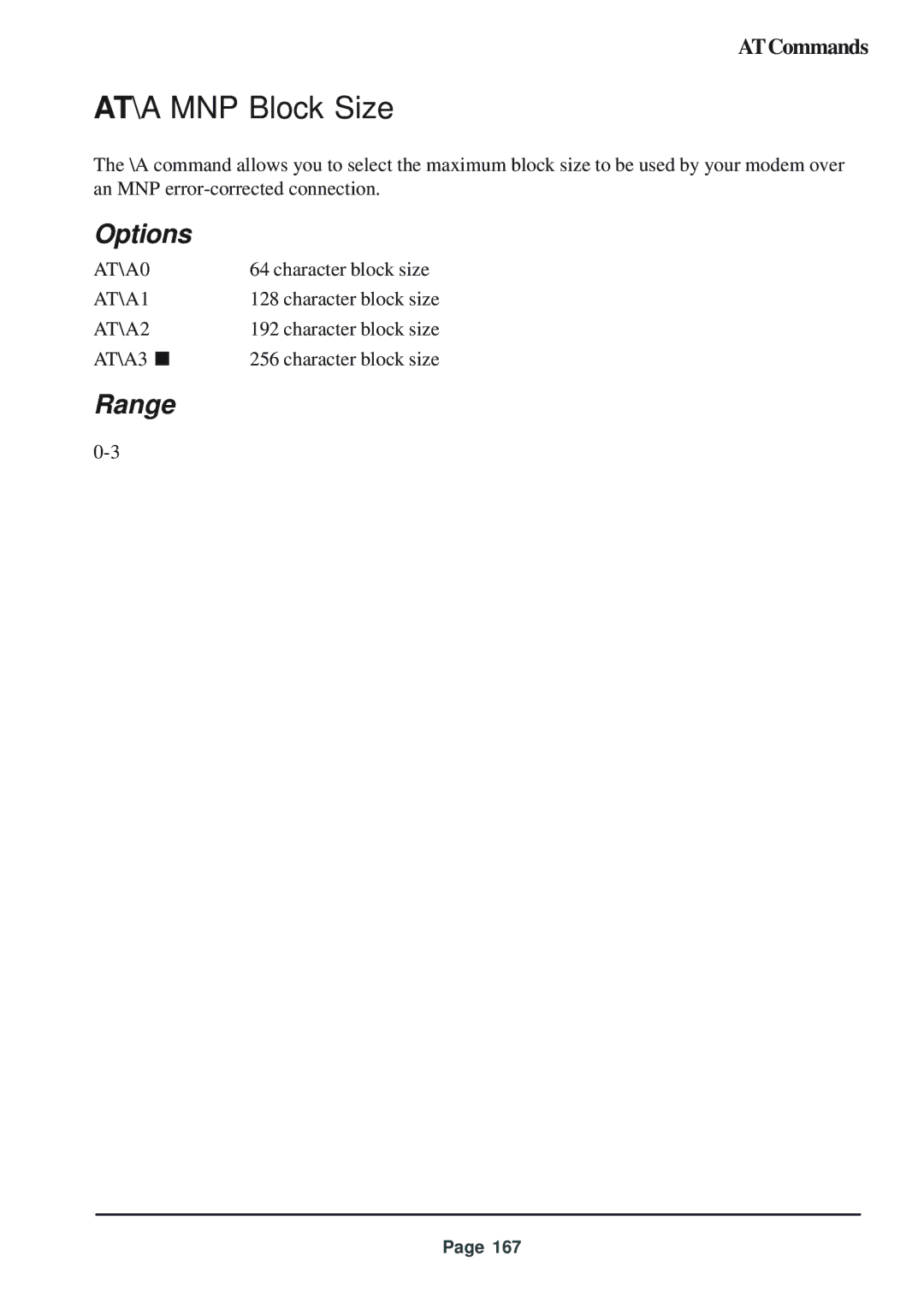 Telenetics 56 manual AT\A MNP Block Size, AT\A0, AT\A1, AT\A2 