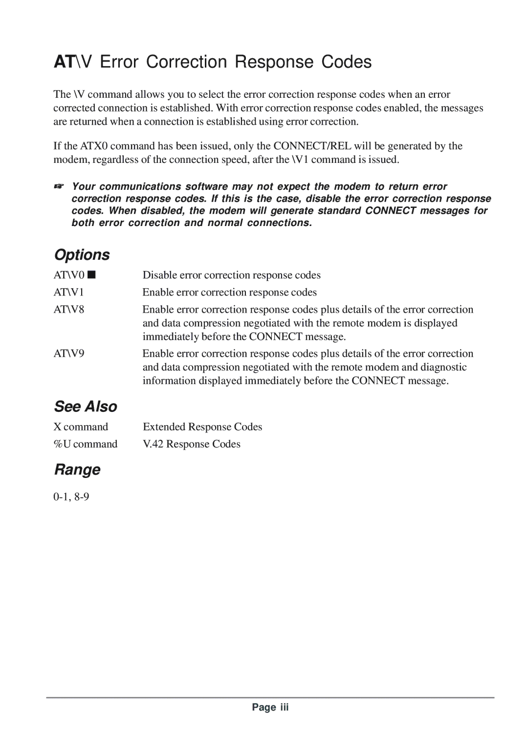 Telenetics 56 manual AT\V Error Correction Response Codes, AT\V1, AT\V8, AT\V9 