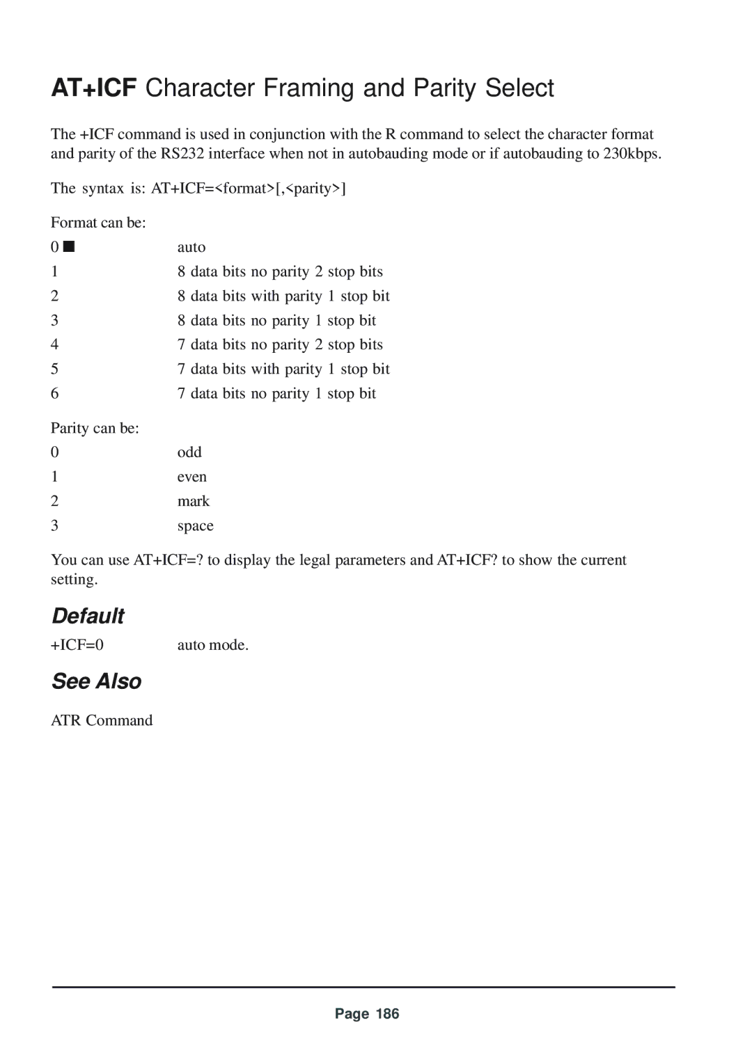 Telenetics 56 manual AT+ICF Character Framing and Parity Select, Default 