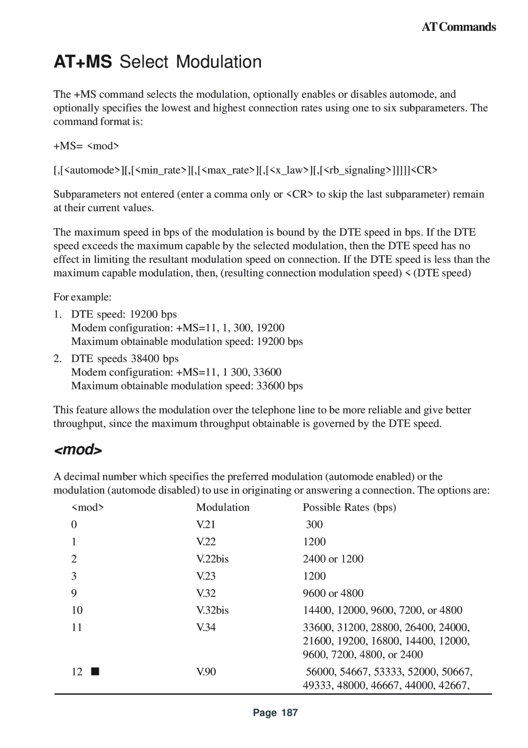 Telenetics 56 manual AT+MS Select Modulation 