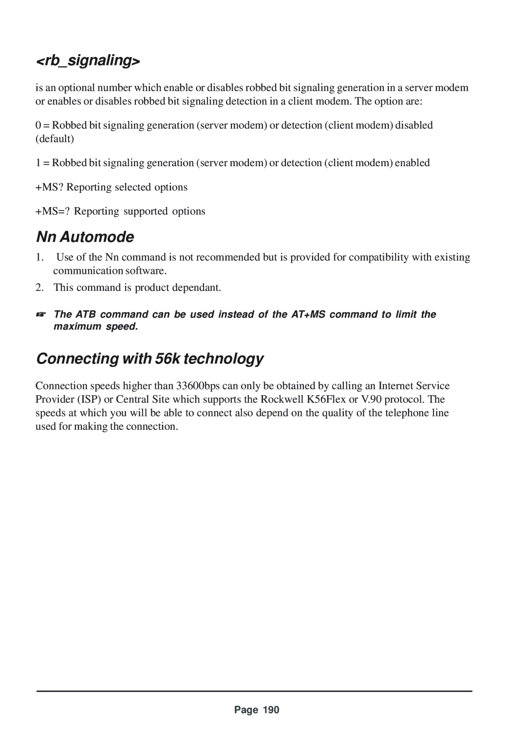 Telenetics manual Rbsignaling, Nn Automode, Connecting with 56k technology 