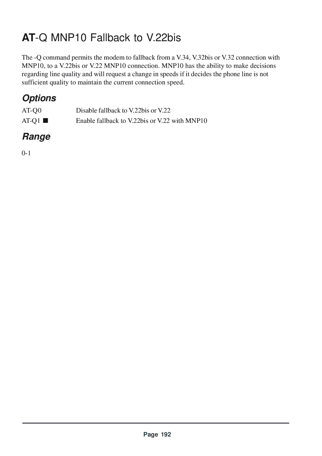 Telenetics 56 manual AT-Q MNP10 Fallback to V.22bis, AT-Q0 