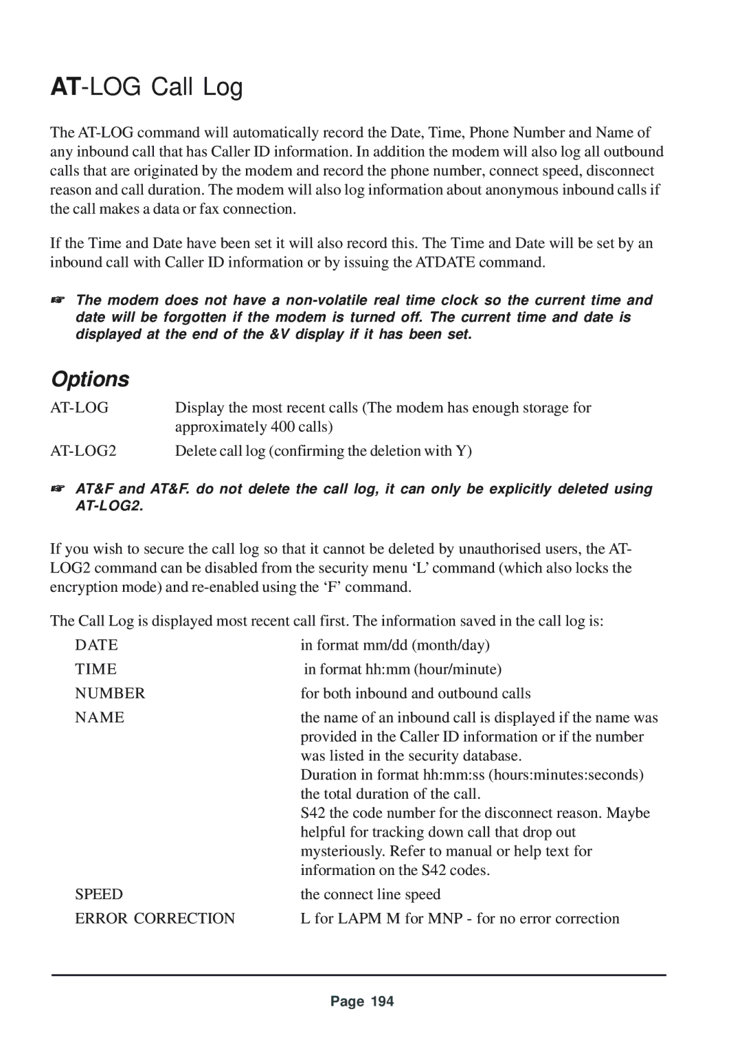 Telenetics 56 manual AT-LOG Call Log, At-Log, AT-LOG2 