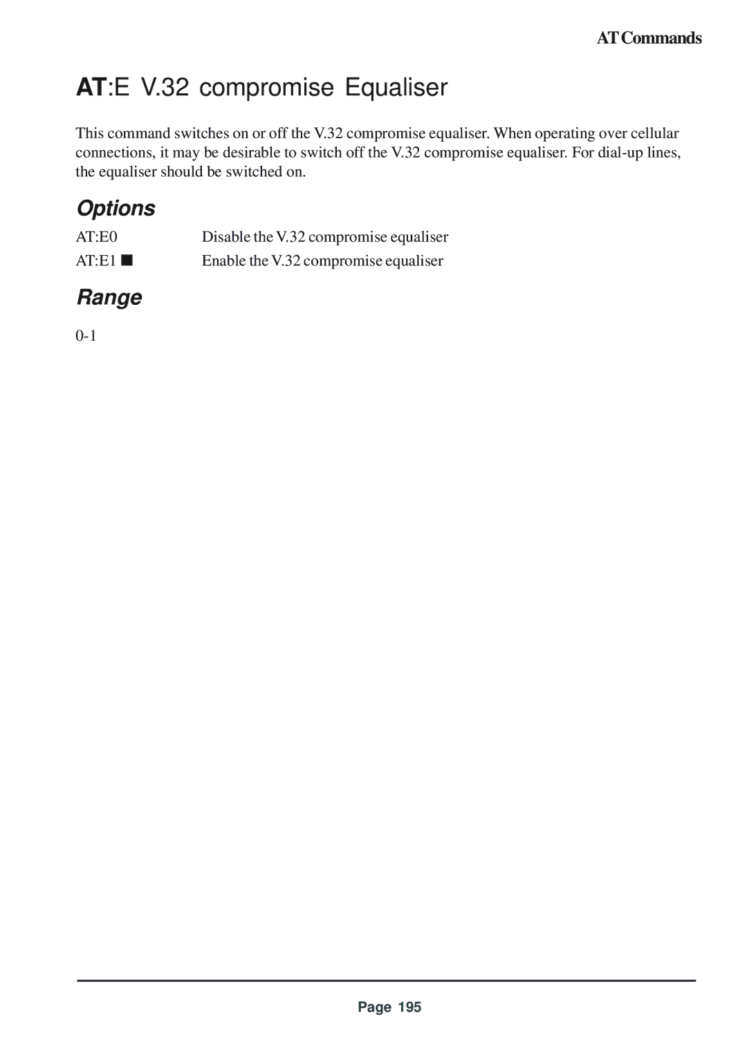 Telenetics 56 manual ATE V.32 compromise Equaliser, ATE0 