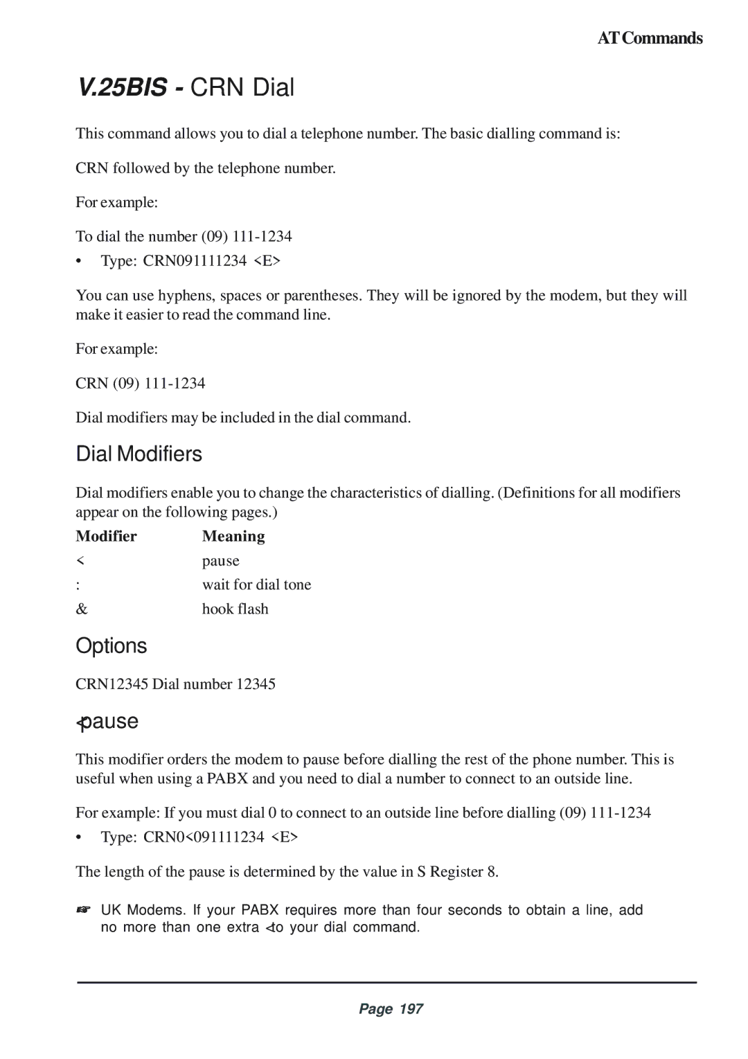 Telenetics 56 manual 25BIS CRN Dial, Modifier Meaning 