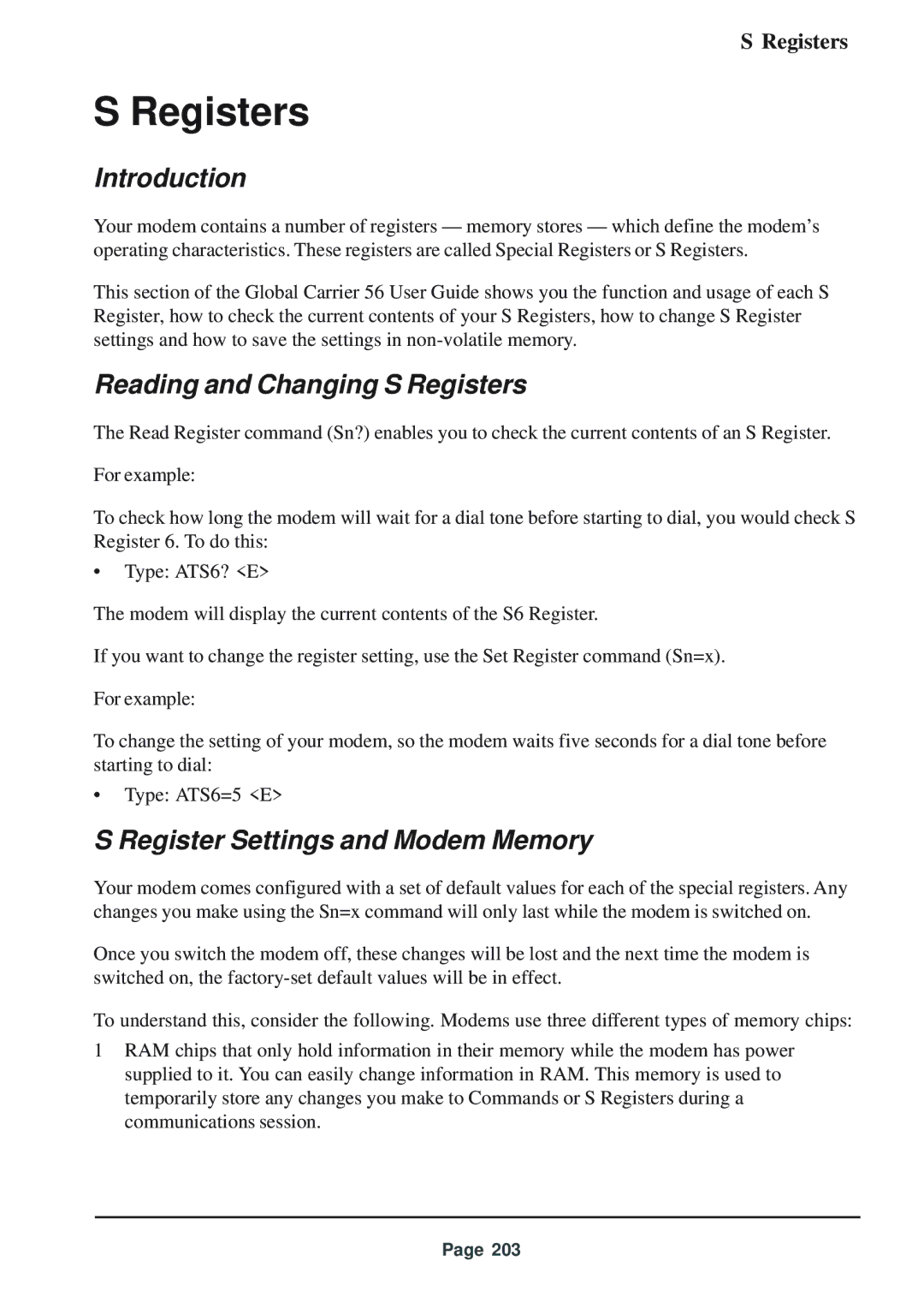 Telenetics 56 manual Introduction, Reading and Changing S Registers, Register Settings and Modem Memory 