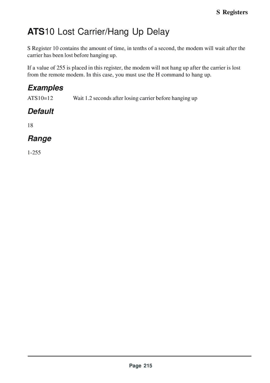 Telenetics 56 manual ATS10 Lost Carrier/Hang Up Delay, Default Range 