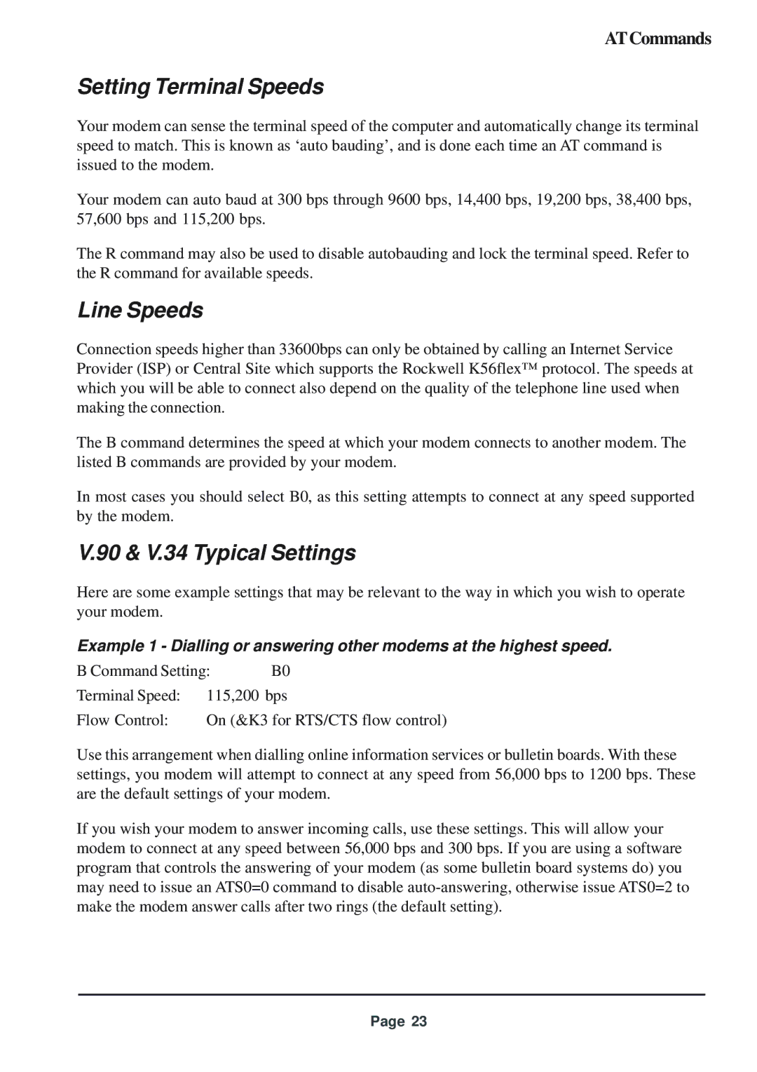 Telenetics 56 manual Setting Terminal Speeds, Line Speeds, 90 & V.34 Typical Settings 