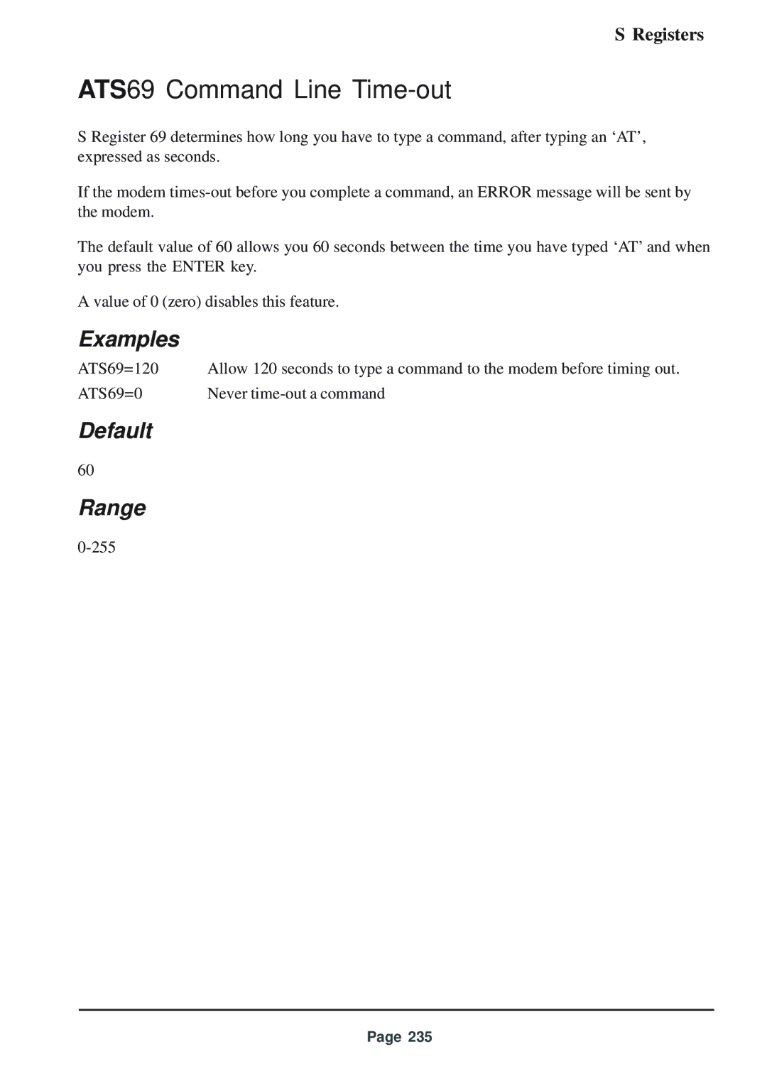 Telenetics 56 manual ATS69 Command Line Time-out, Default Range 