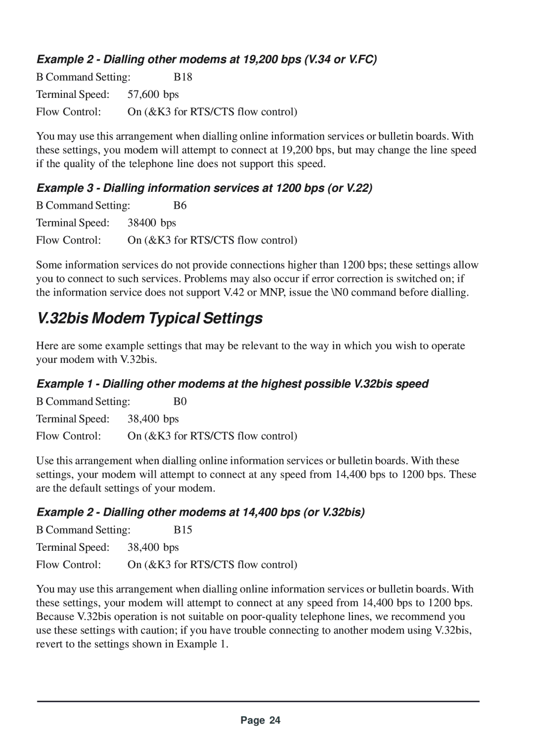 Telenetics 56 manual 32bis Modem Typical Settings, Example 2 Dialling other modems at 19,200 bps V.34 or V.FC 