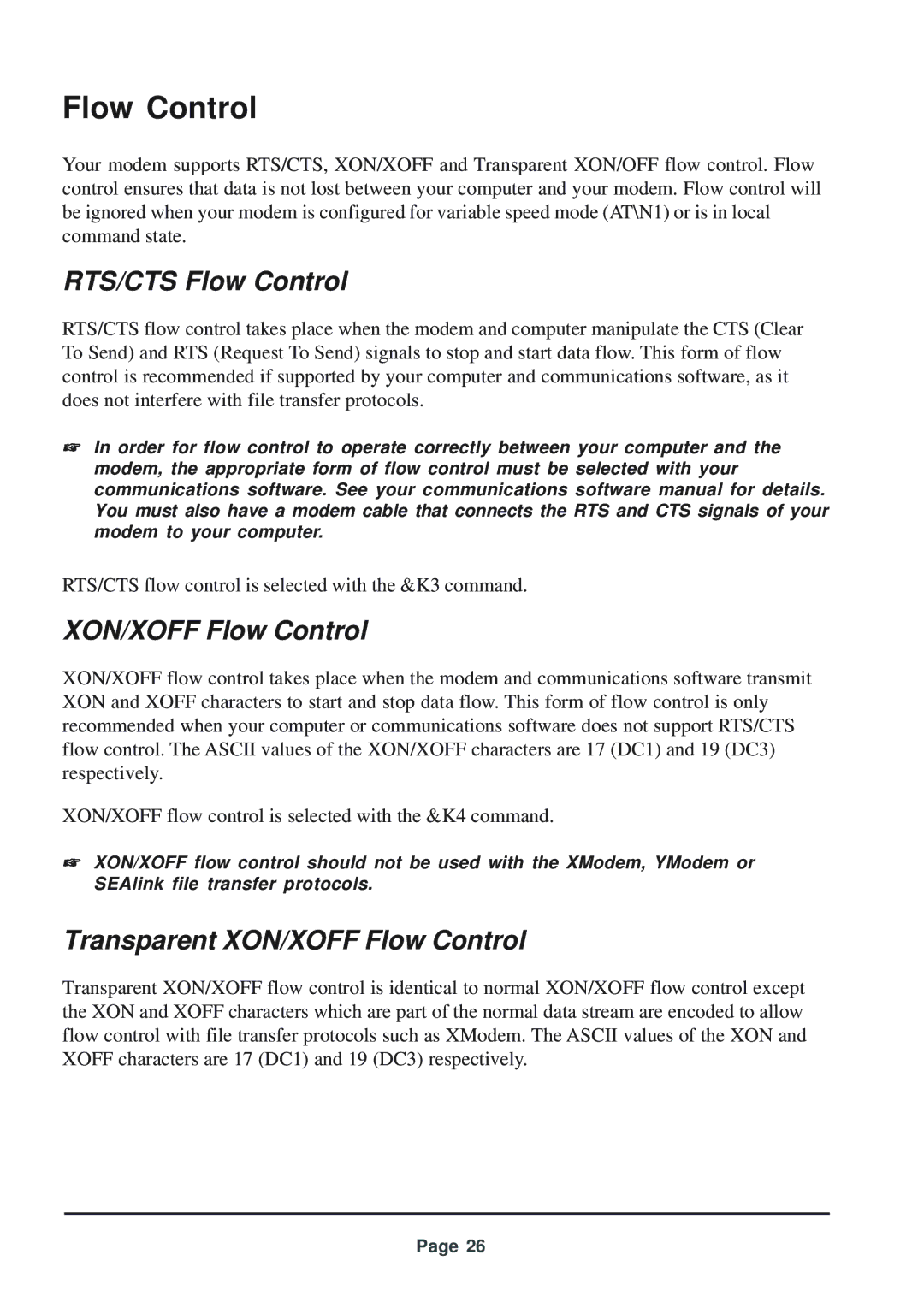 Telenetics 56 manual RTS/CTS Flow Control, Transparent XON/XOFF Flow Control 