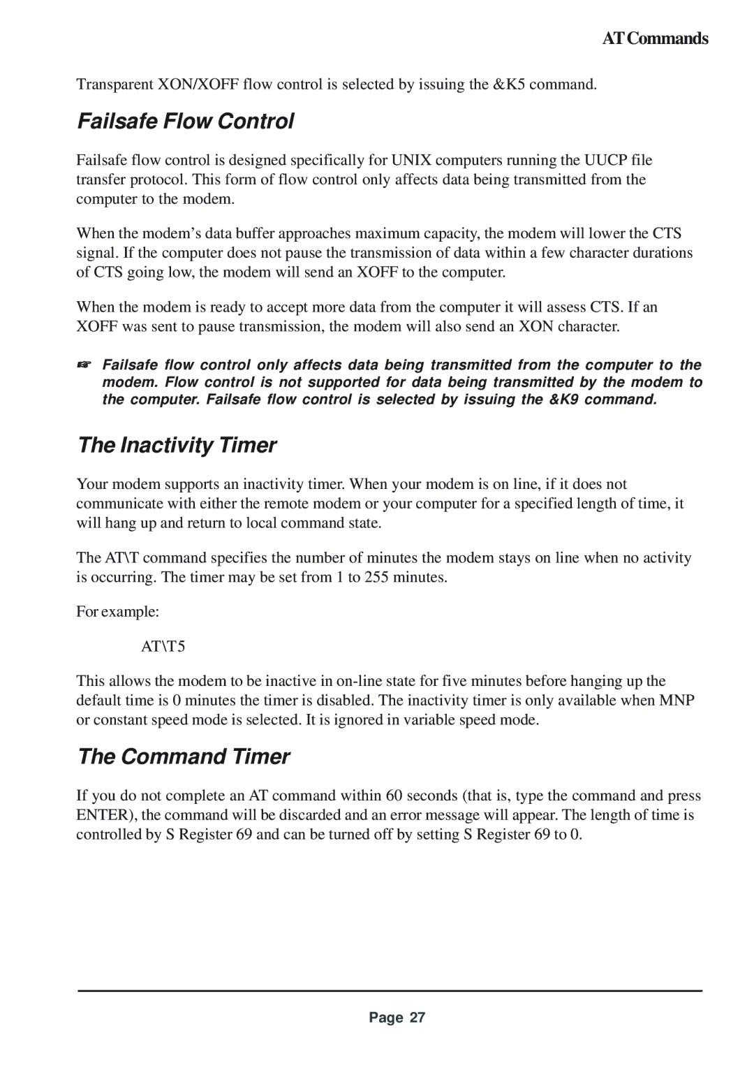 Telenetics 56 manual Failsafe Flow Control, Inactivity Timer, Command Timer, AT\T5 