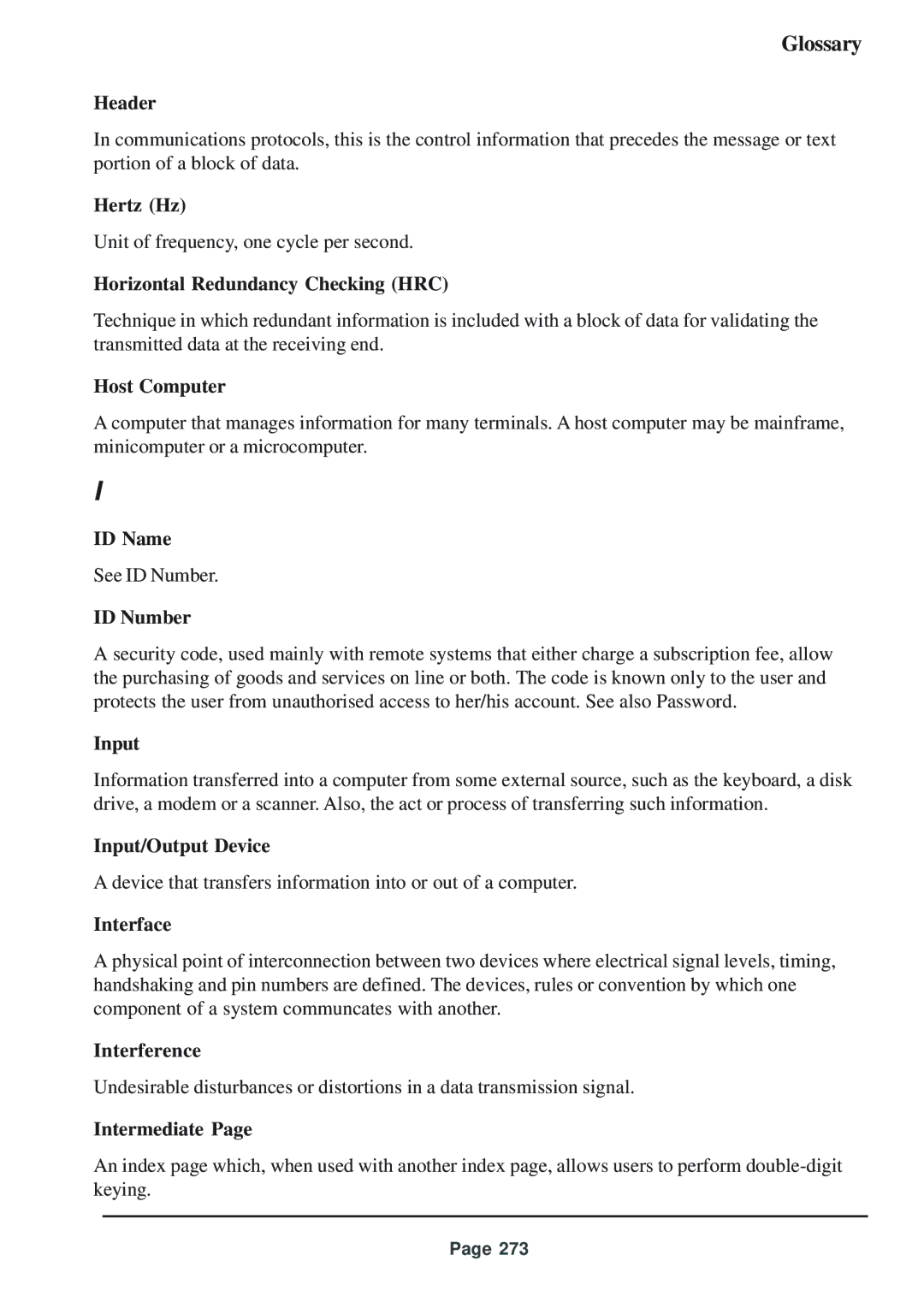 Telenetics 56 Header, Hertz Hz, Horizontal Redundancy Checking HRC, Host Computer, ID Name, ID Number, Input, Interface 