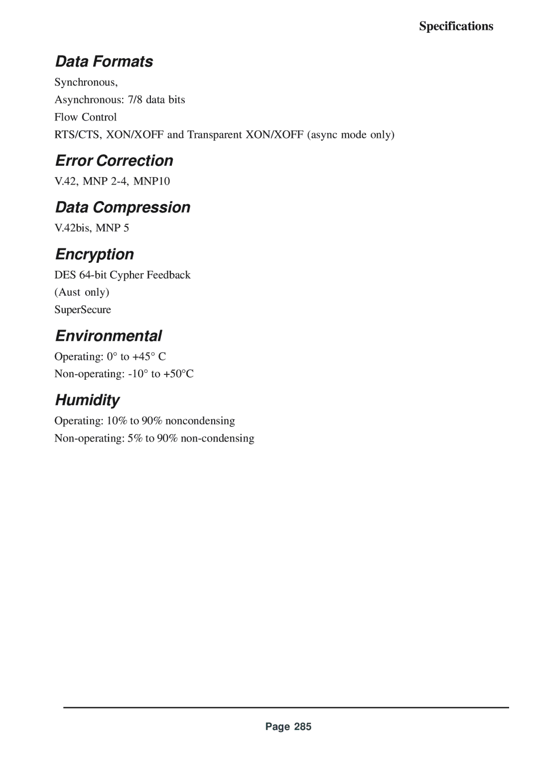 Telenetics 56 manual Error Correction, Encryption, Environmental, Humidity 