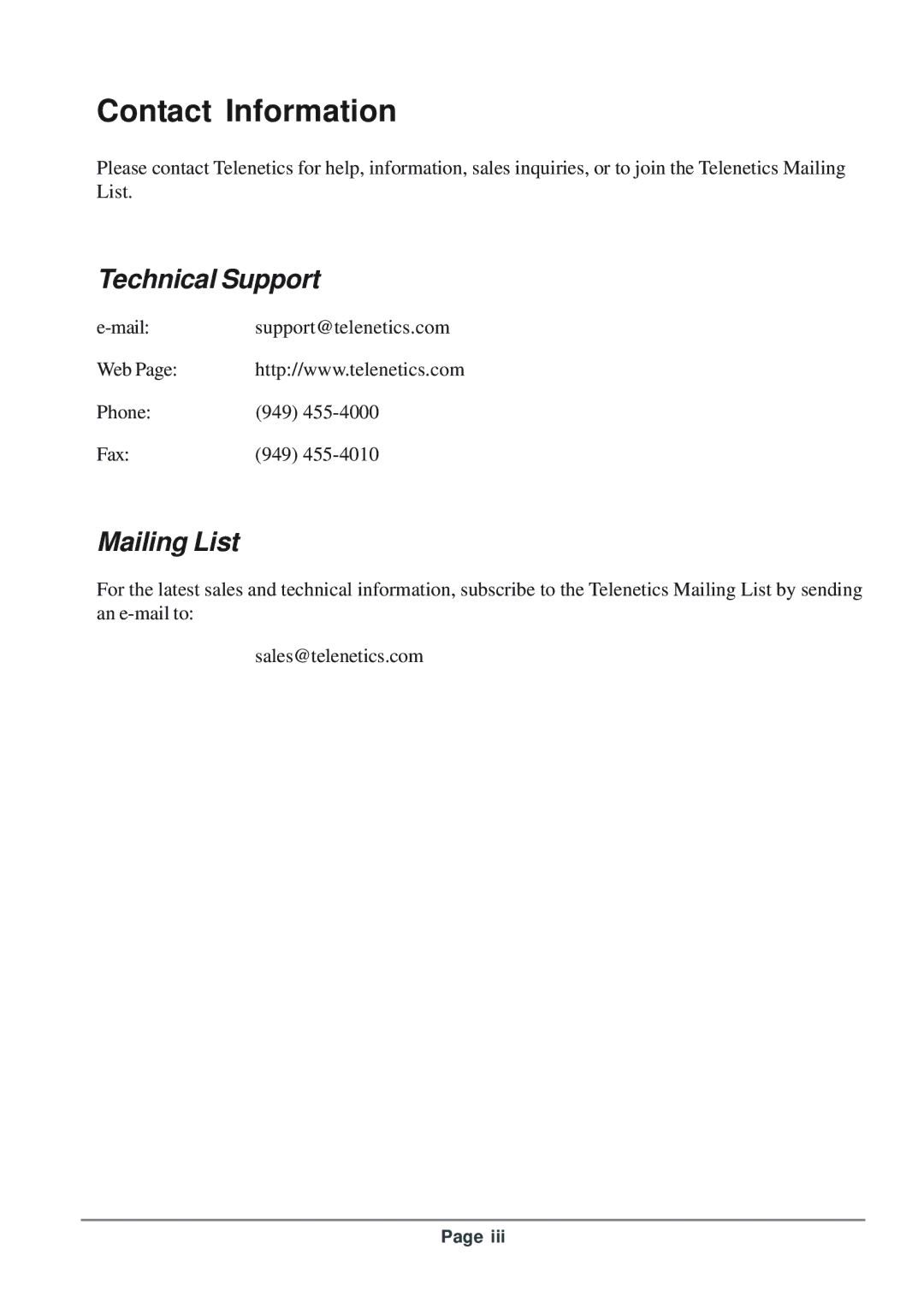 Telenetics 56 manual Contact Information, Technical Support, Mailing List 