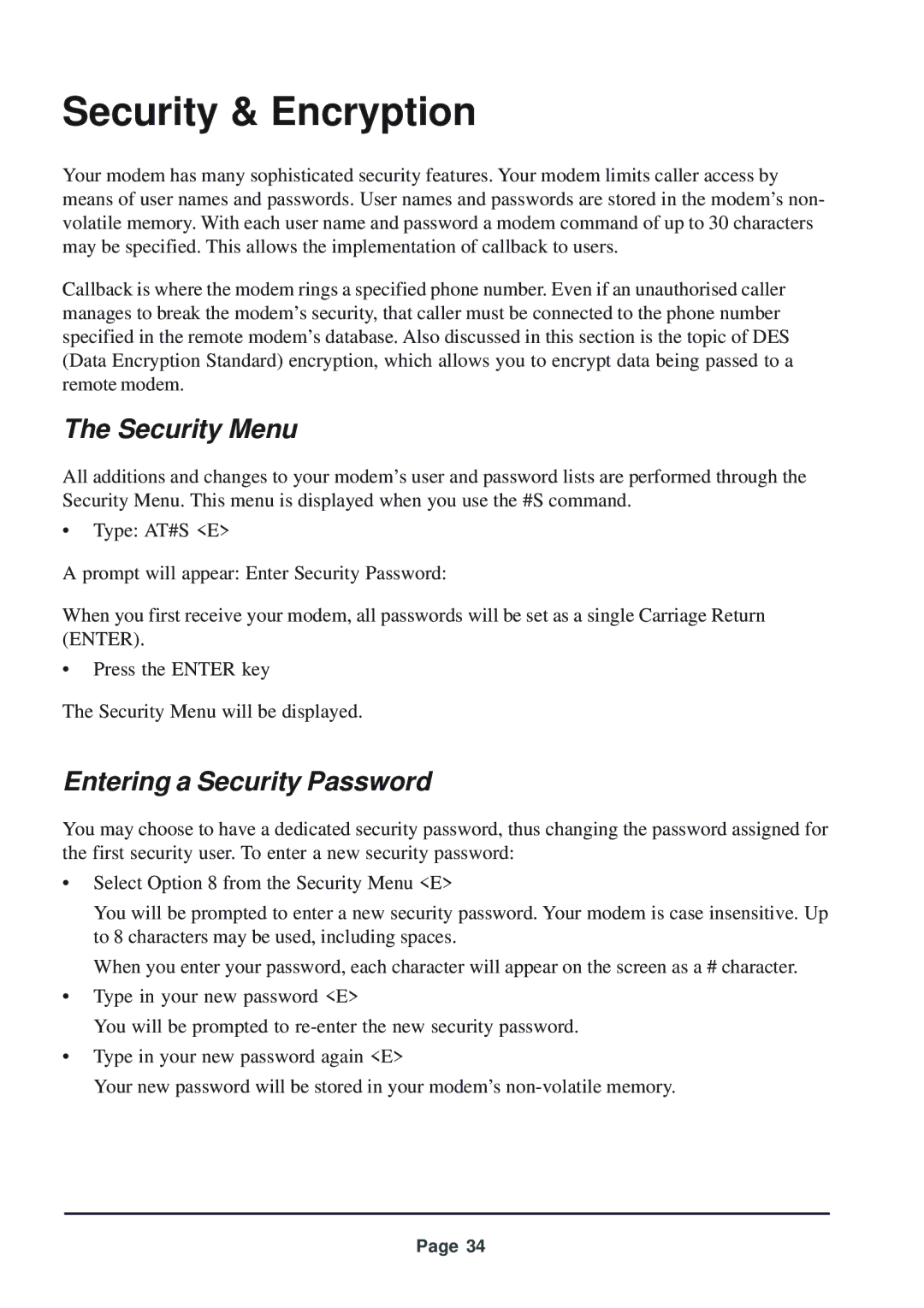 Telenetics 56 manual Security Menu, Entering a Security Password 