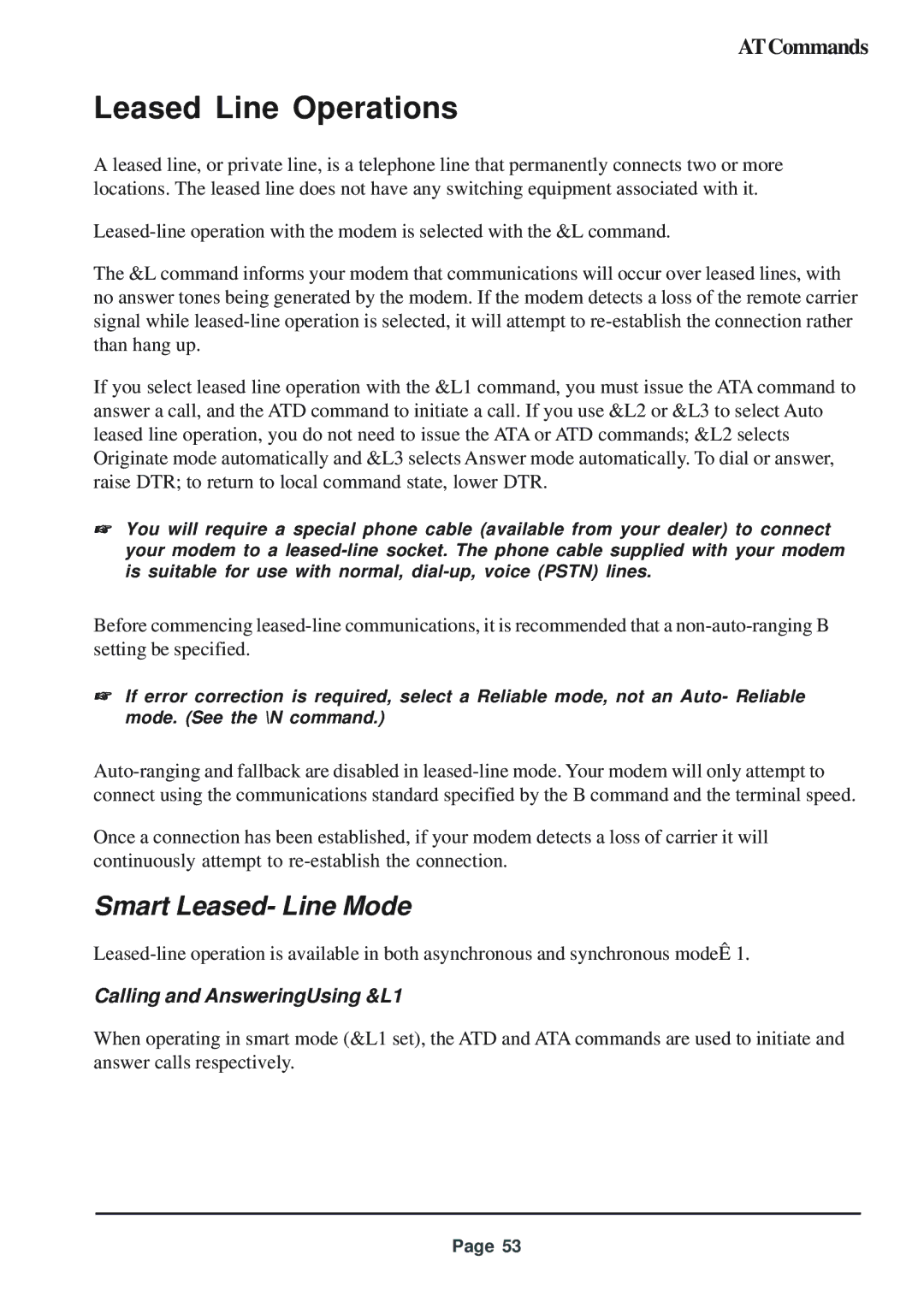 Telenetics 56 manual Leased Line Operations, Smart Leased- Line Mode, Calling and AnsweringUsing &L1 