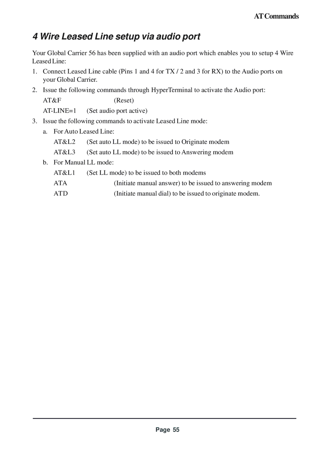 Telenetics 56 manual Wire Leased Line setup via audio port 