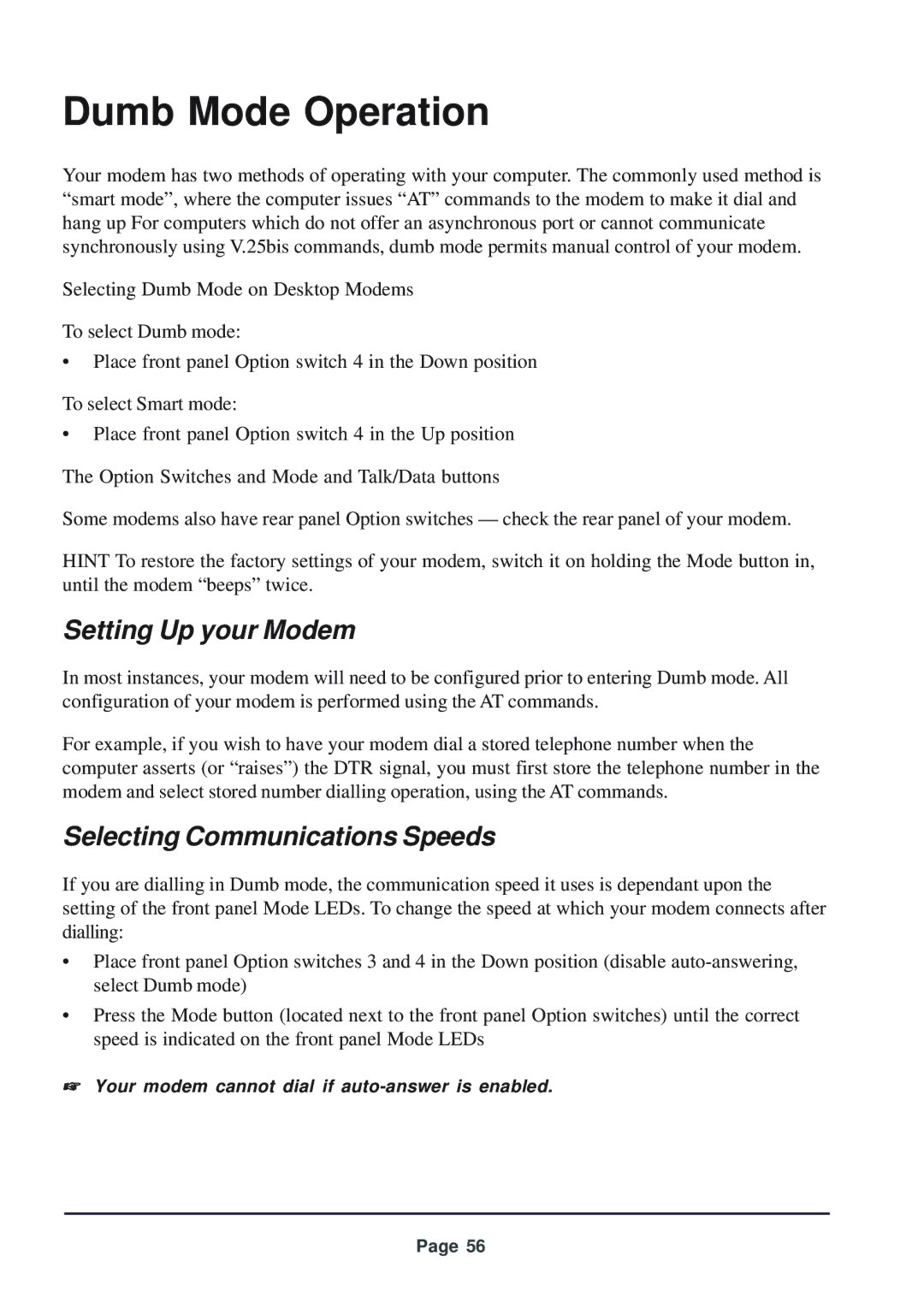 Telenetics 56 manual Setting Up your Modem, Selecting Communications Speeds 