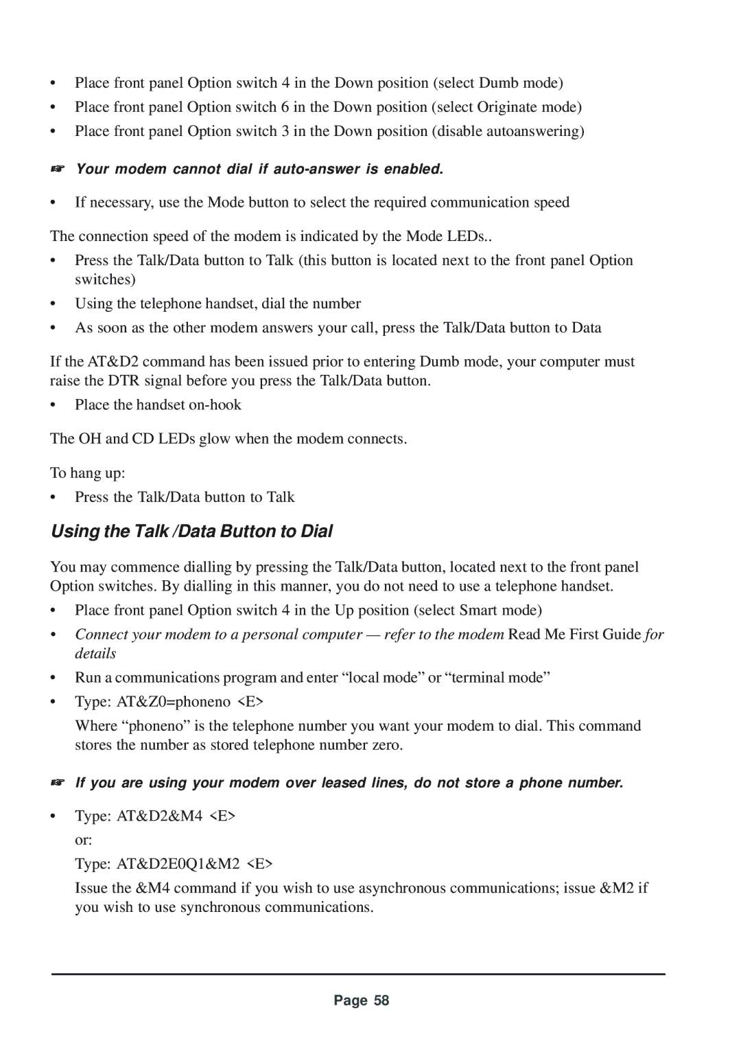 Telenetics 56 manual Using the Talk /Data Button to Dial 