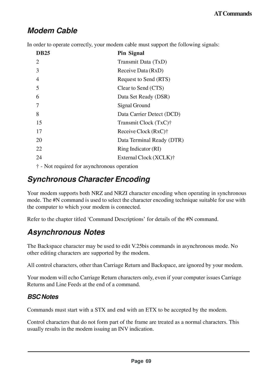 Telenetics 56 manual Modem Cable, Synchronous Character Encoding, Asynchronous Notes, DB25 Pin Signal 