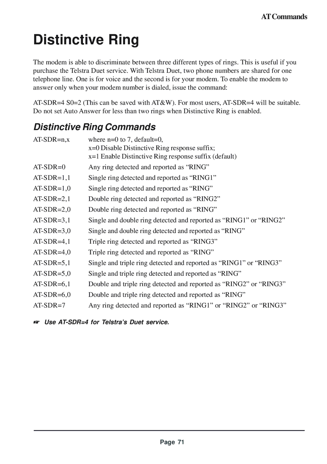 Telenetics 56 manual Distinctive Ring Commands, AT-SDR=0, AT-SDR=7 