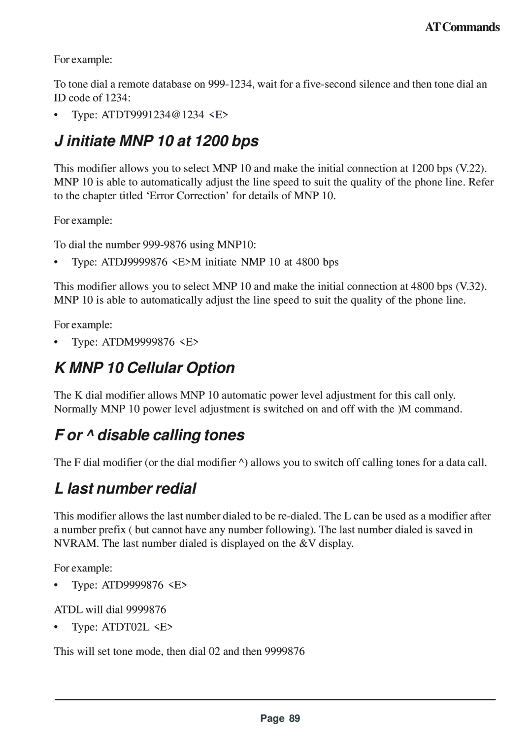 Telenetics 56 manual Initiate MNP 10 at 1200 bps, MNP 10 Cellular Option, Or disable calling tones, Last number redial 